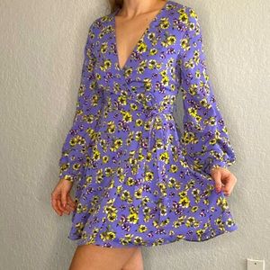 GB long sleeve short purple wrap dress with yellow flowers